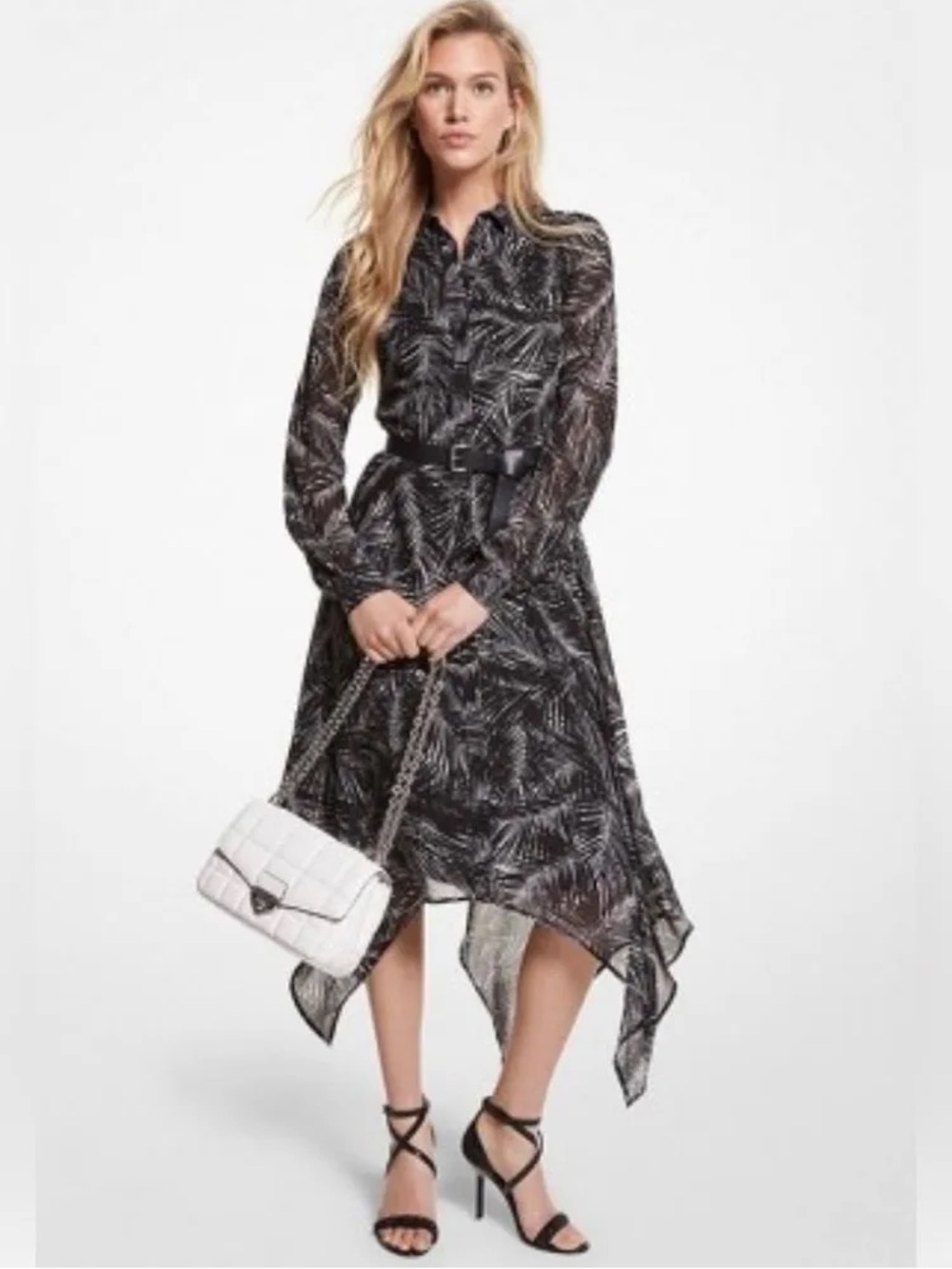 Michael Kors Black and White Palm-Print Midi Shirt Dress